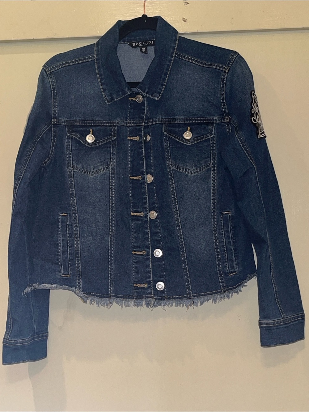 Baccini Dark Blue Denim Jacket with Frayed Hem & patches Petite Medium